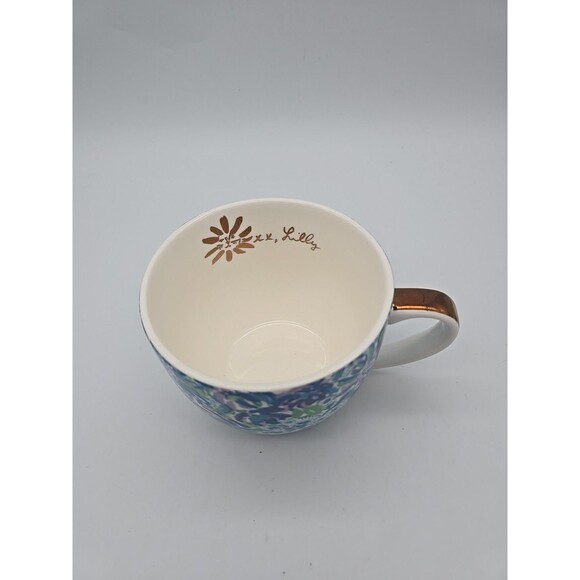 Lilly Pulitzer Blue Floral Logo inside Gold Handle Coffee Tea Coco Mug 14 oz - Picture 2 of 10